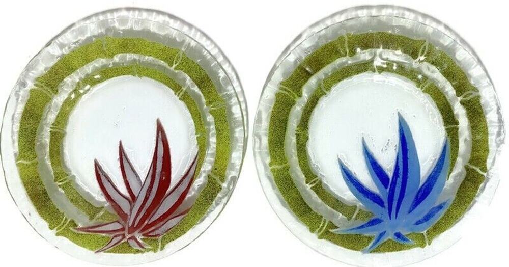 Sydenstricker Fused Art Glass Plates Blue Red Flowers 8.5" Set of 2 Handmade USA